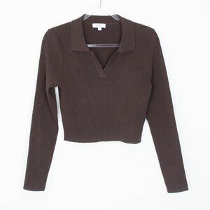 Wayf '98 Womens V Neck Crop Ribbed Sweater Size L Brown Long Sleeve Preppy Y2K